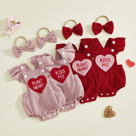 Baby Girl Valentines Outfit Letter Love Heart Embroidered Ruffled Trim Flying Sleeve Romper and Bow Headband 2 Pcs Set