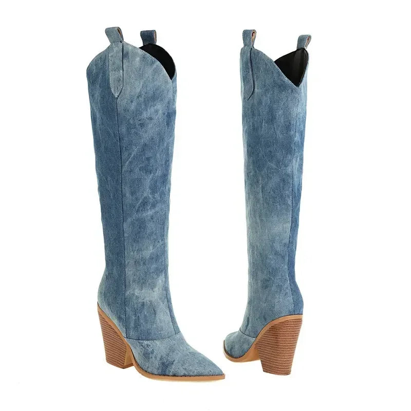 Denim Western Women Knee Thigh High Boots New 2024 Autumn Winter High Heel Cowboy Long Boots Size 43 Slip on Woman Shoes