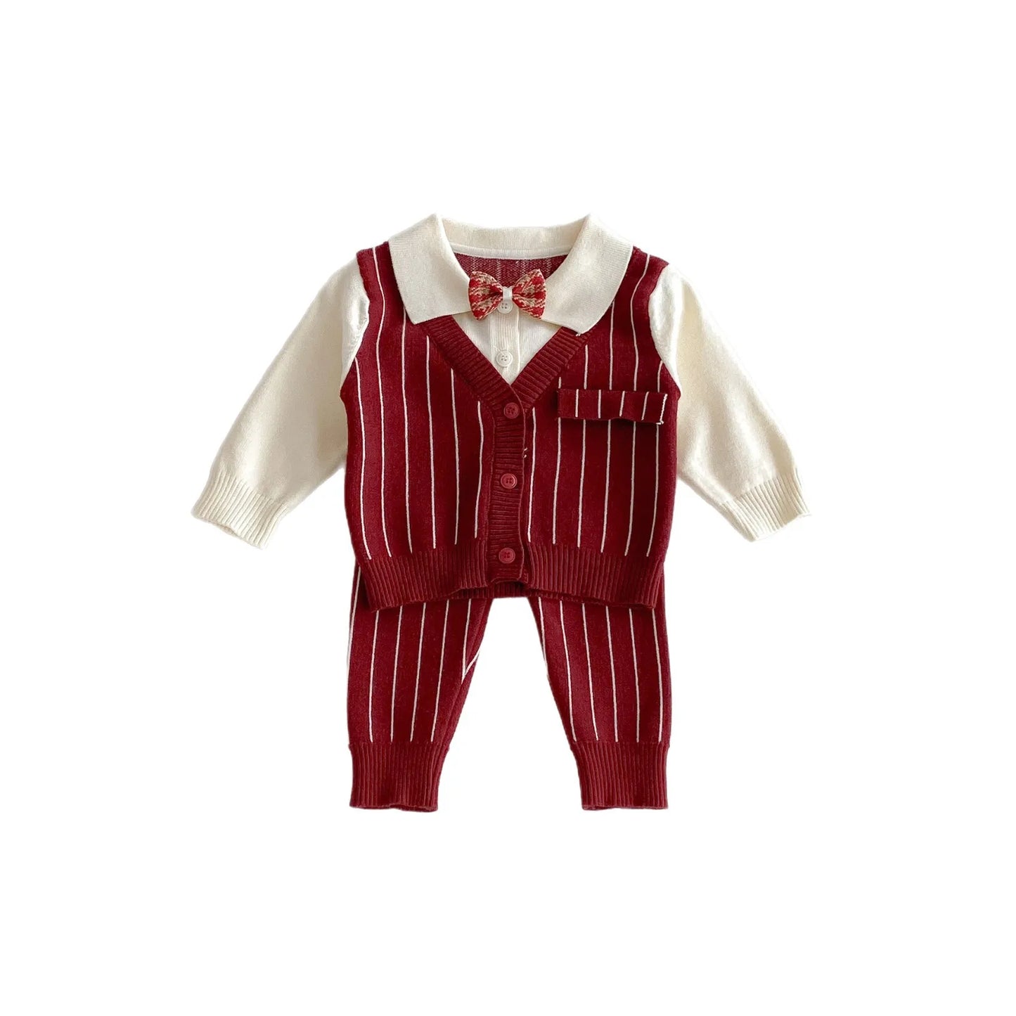 2025 Baby Clothes Toddler Baby Boy Knit Striped 3Pcs Sets 0-2Y Bow Tie Shirt and Pants Gentleman Casual Formal Infant Outfit