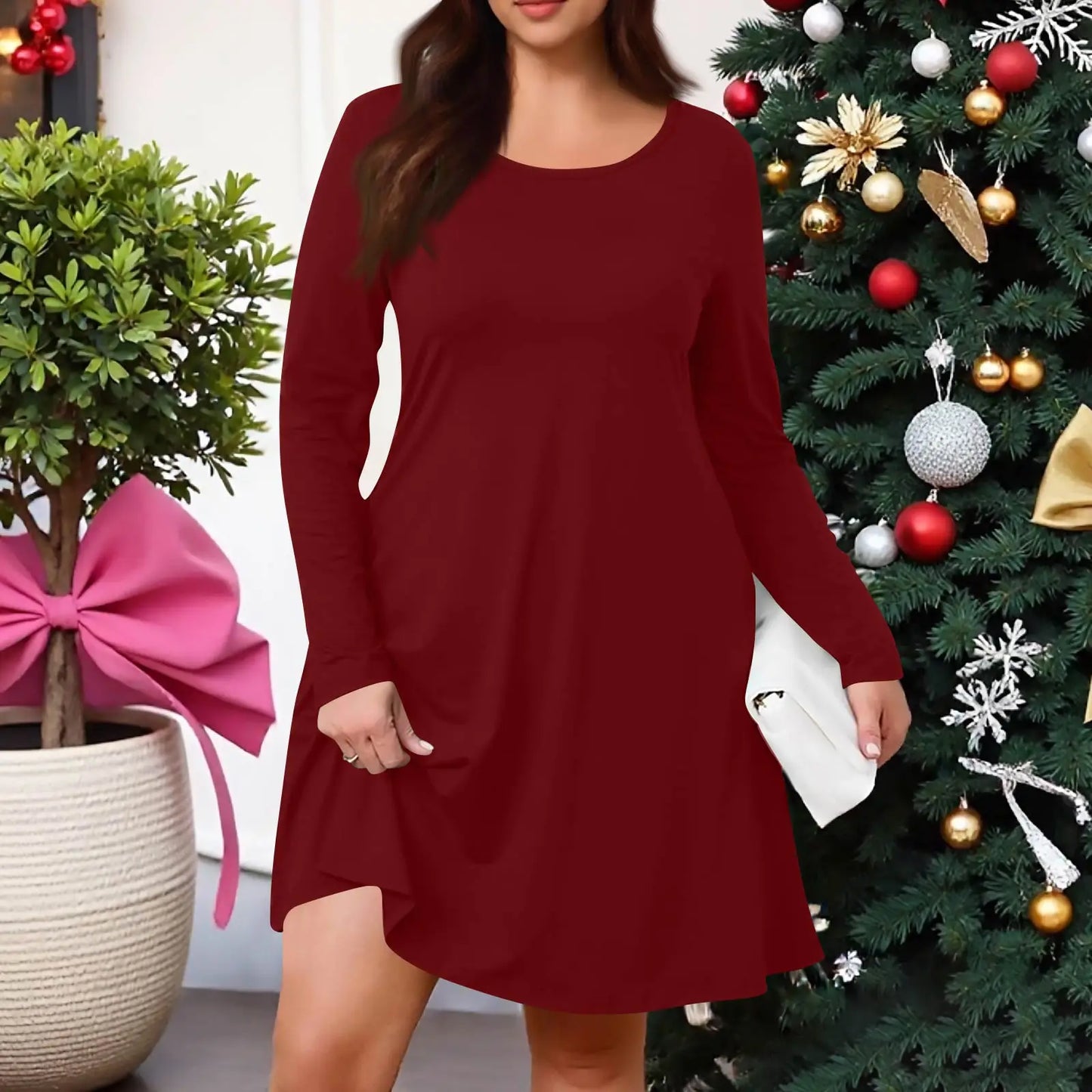 Plus Size Dress for Women Solid-Colour Casual Dress Spring/Autumn Pocket Round Neck Long-Sleeved Dresses vestidos femenino