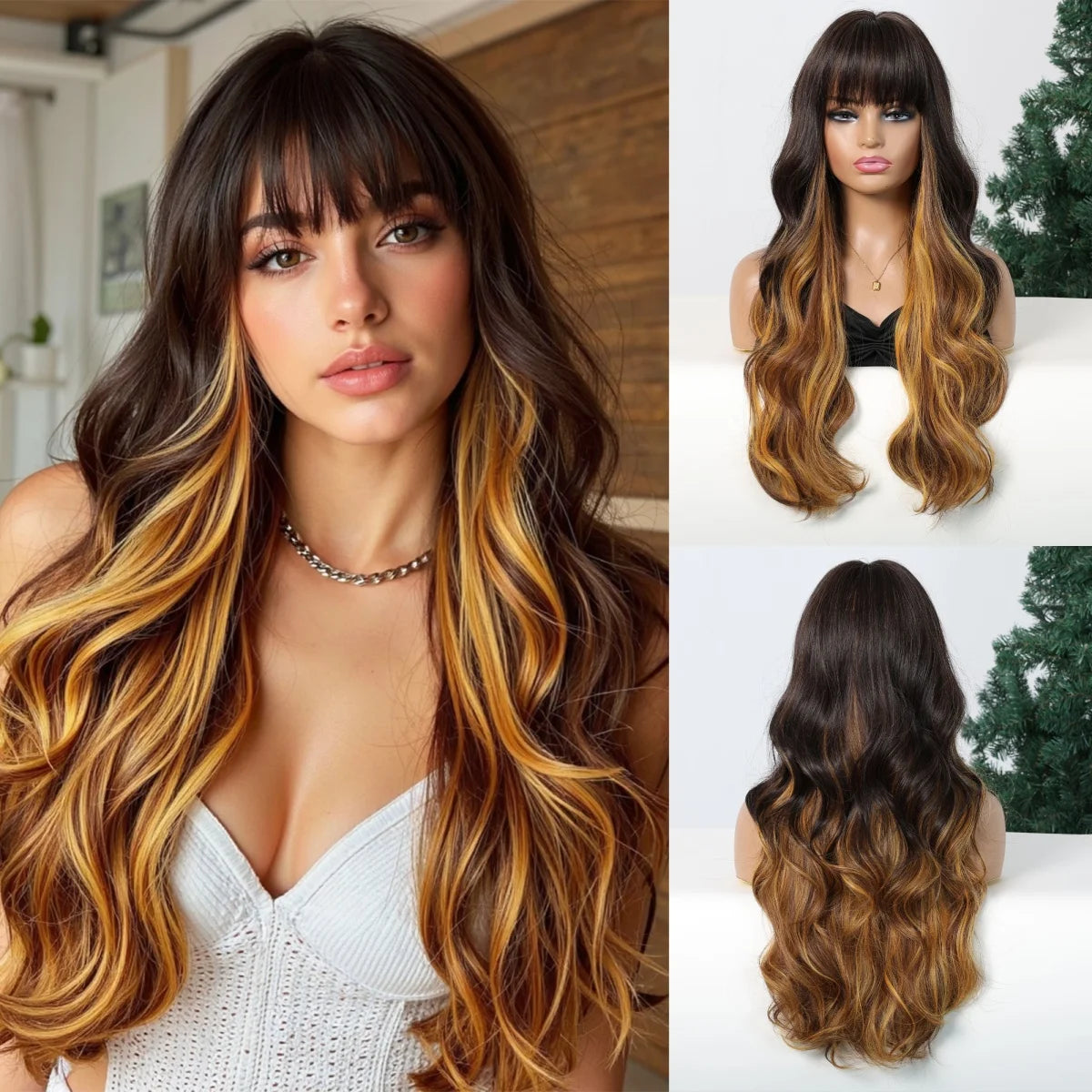 EASIHAIR Long Wavy Synthetic Wigs Natural Ombre Brown Wig with Bangs for Women Daily Cosplay Party Use Heat Resistant Fiber
