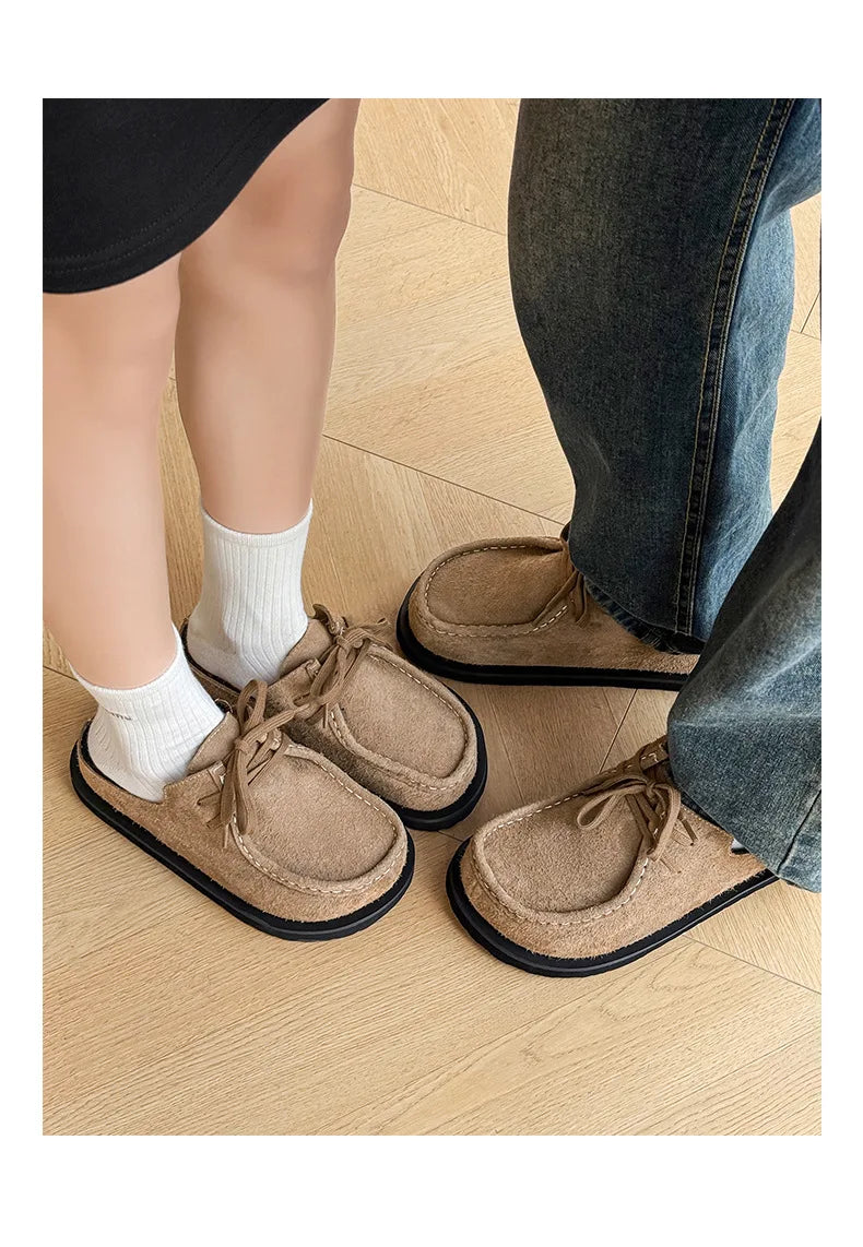 2025 Retro bag head lace-up leather one-pedal summer half slippers men and women couple cowhide shoes