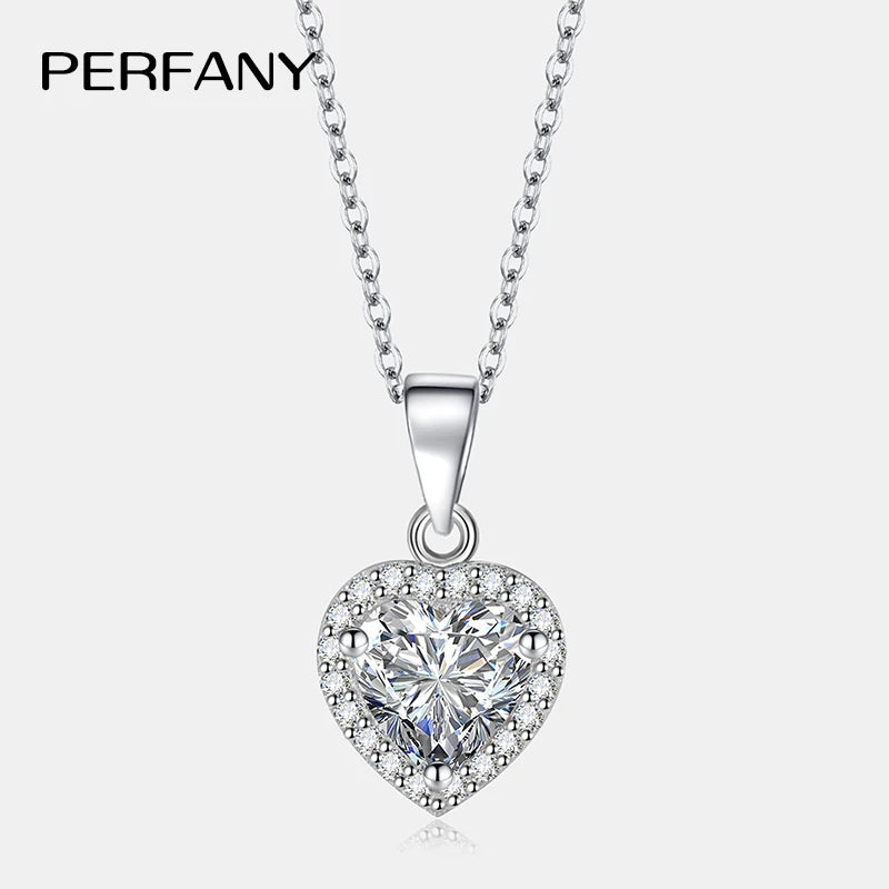 PERFANY 1CT Heart Cut Moissanite Necklace for Women S925 Pure Silver Sparkling Diamond Pendant Fashion Jewelry Party Gift