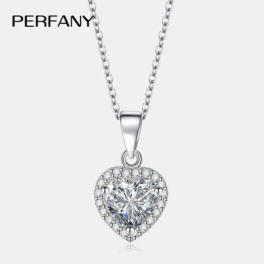 PERFANY 1CT Heart Cut Moissanite Necklace for Women S925 Pure Silver Sparkling Diamond Pendant Fashion Jewelry Party Gift