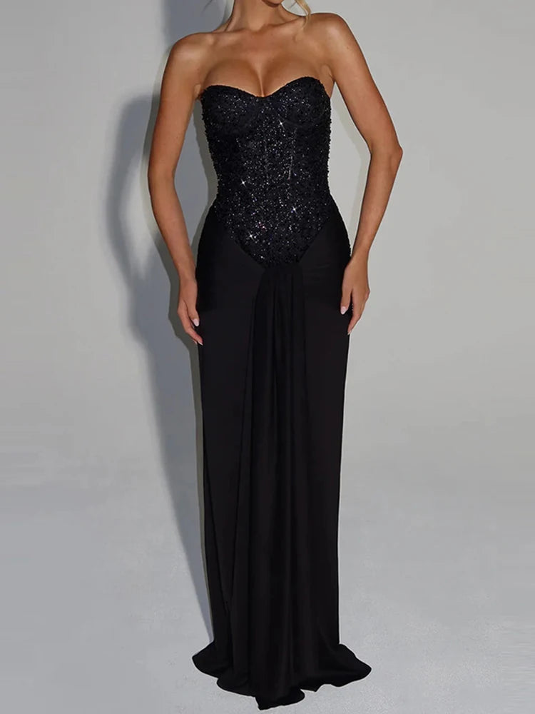 Women's Sexy Strapless Sleeveless Evening Dress Fashion Waist Slim Solid Wedding Dress Elegant Sequins Splicing Pleat Long Dress