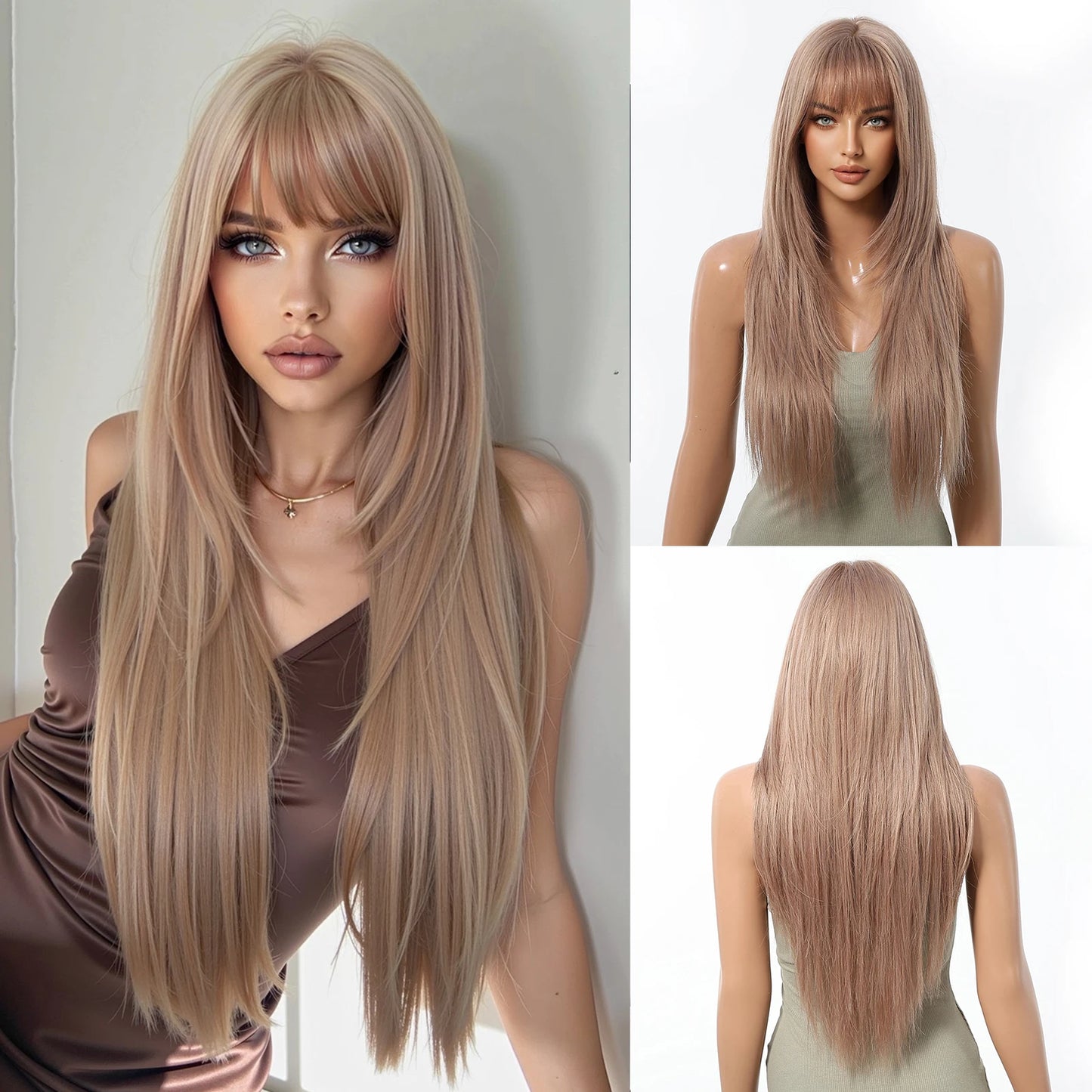 Burgundy Wine Red Ombre Layered Synthetic Wigs With Bangs Super Long Straight Wig For Women Cosplay Natural Daily Heat Resistant