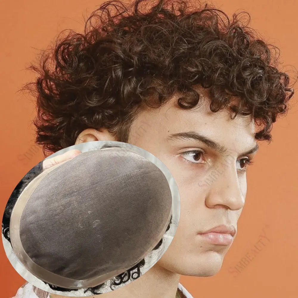 Curly Men's Wig 15mm Black Brown Human Hair Mono NPU Breathable Toupee18mm 20mm Curly Durable Male Replacement System Prosthesis
