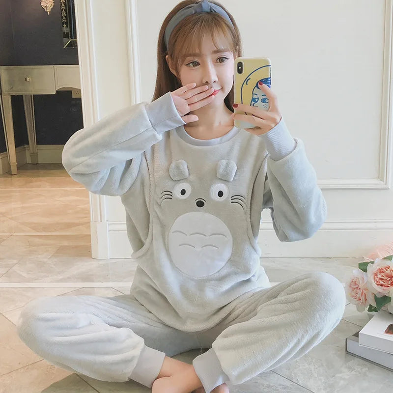 Autumn Long Sleeve flannel Maternity Clothing winter Thin coral fleece Pajamas Set Pregnant Women Breastfeeding Nursing Pyjama