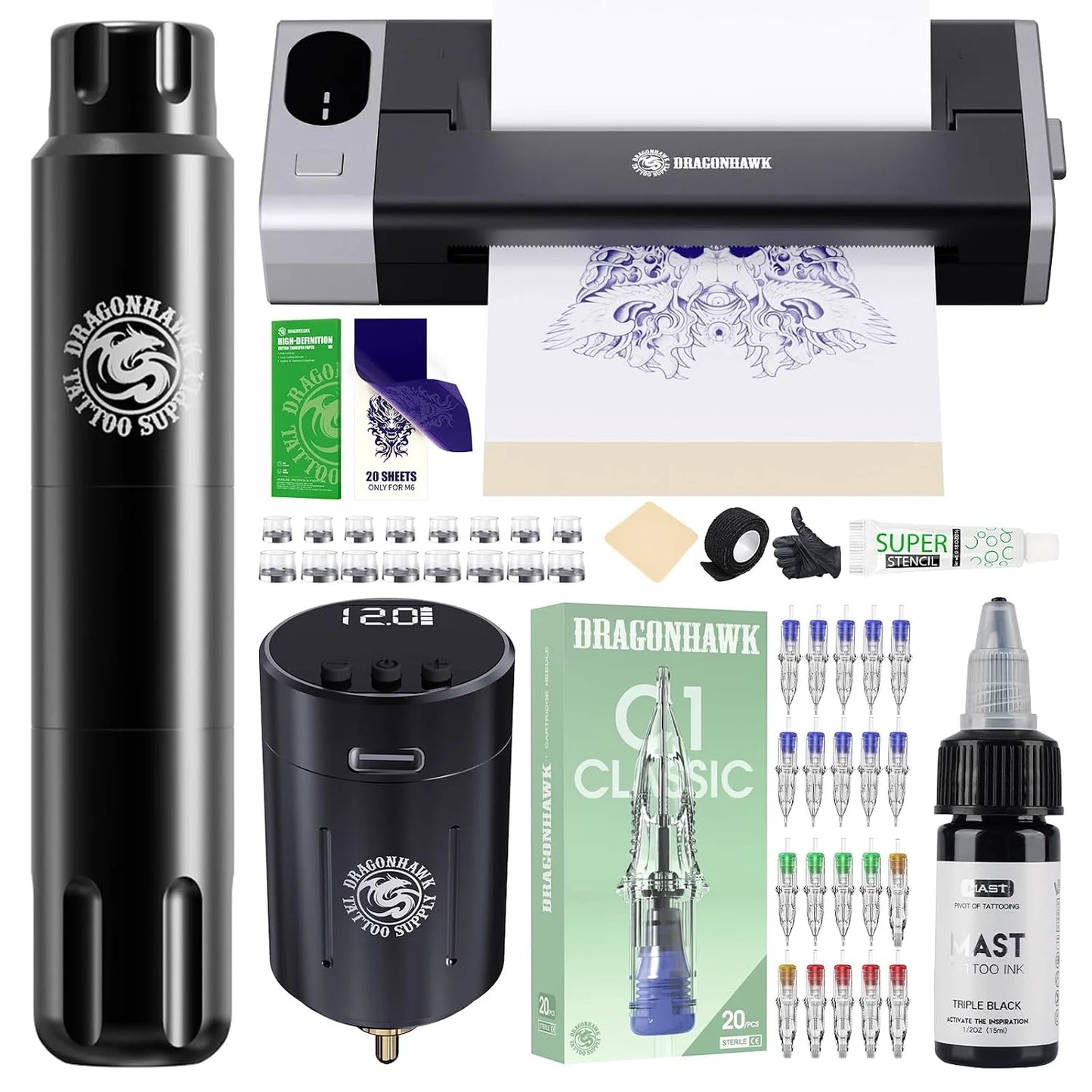 Dragonhawk Tattoo Kit Full Set with Bluetooth Thermal Tattoo Transfer Printer Wireless RCA Battery Rotary Pen for Beginners