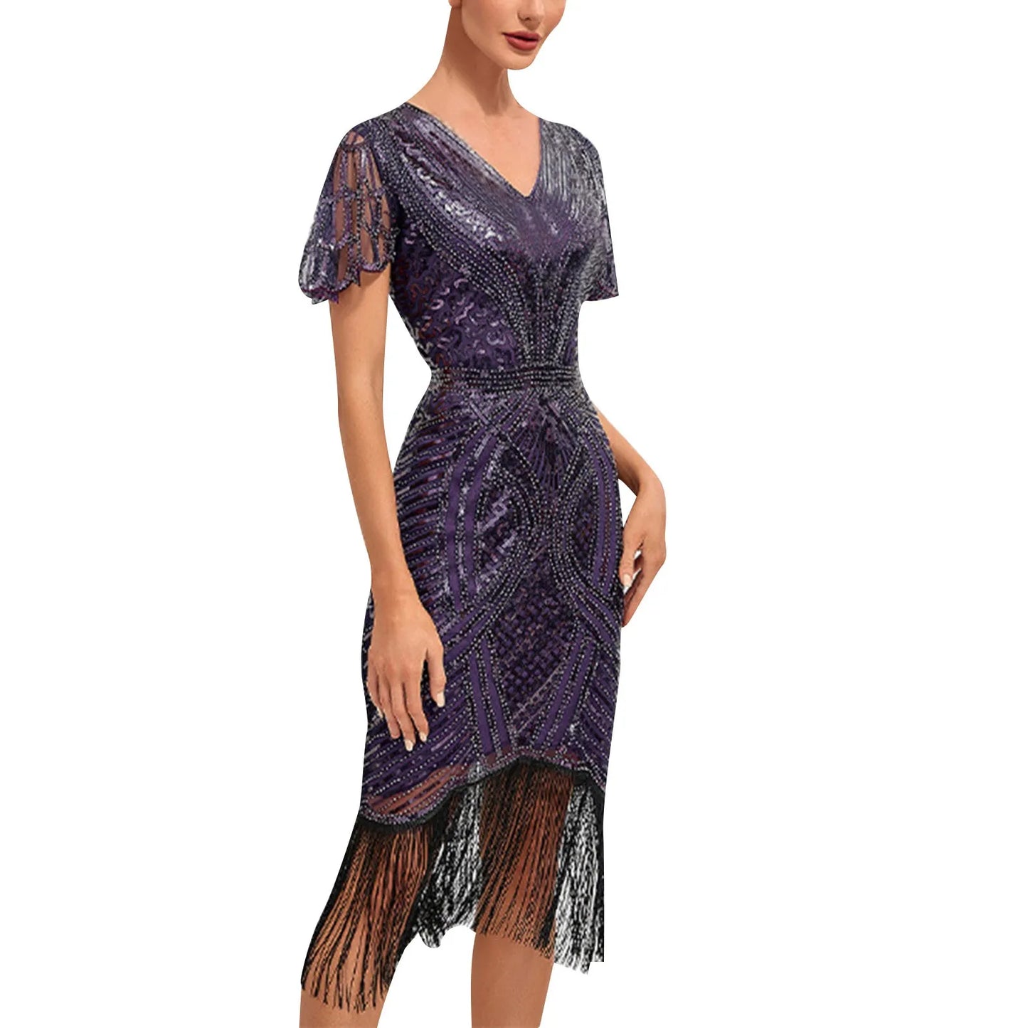 1920s Vintage Great Gatsby Dress Flapper Party Dress Women Tassels Hem Beaded Sequin Dresses Evening Cocktail Dress Elegant Robe