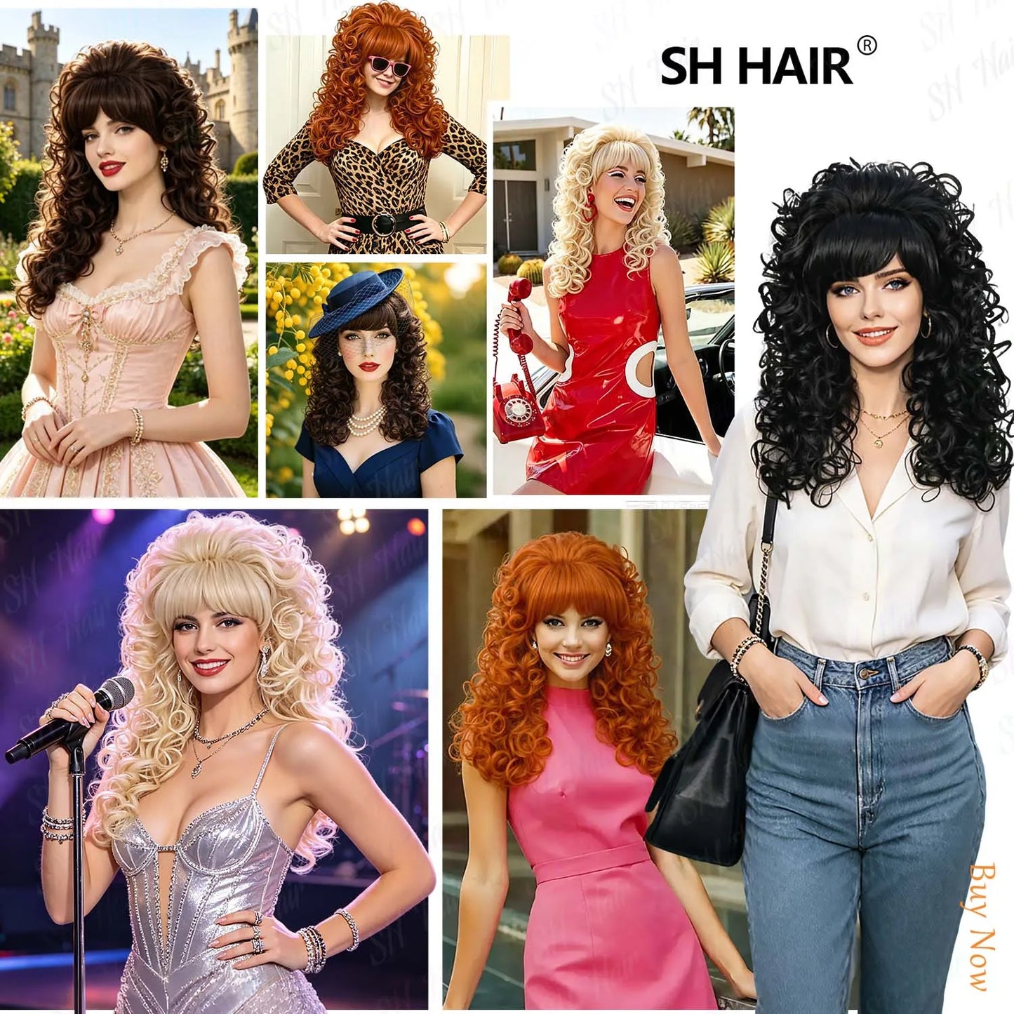 Synthetic 80s Vintage Big Beehive Wig for Women Retro Curly Wig with Bangs for 60s 70s Cosplay Halloween Party,Dolly Costume Wig