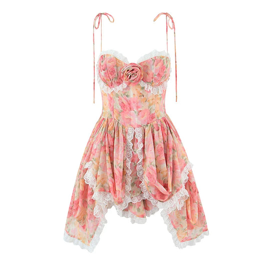 YENKYE Sexy Sling Floral Print Boho Beach Dress Women New 226  Lace Trim  Irregular Hem Holiday Summer Dresses Short Robe