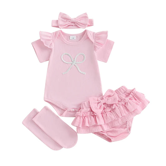 0-18M Newborn Infant Baby Girl Summer Outfits Bow Embroidery Short Sleeve Romper+Tutu Skirt Shorts+Socks +Headband Set