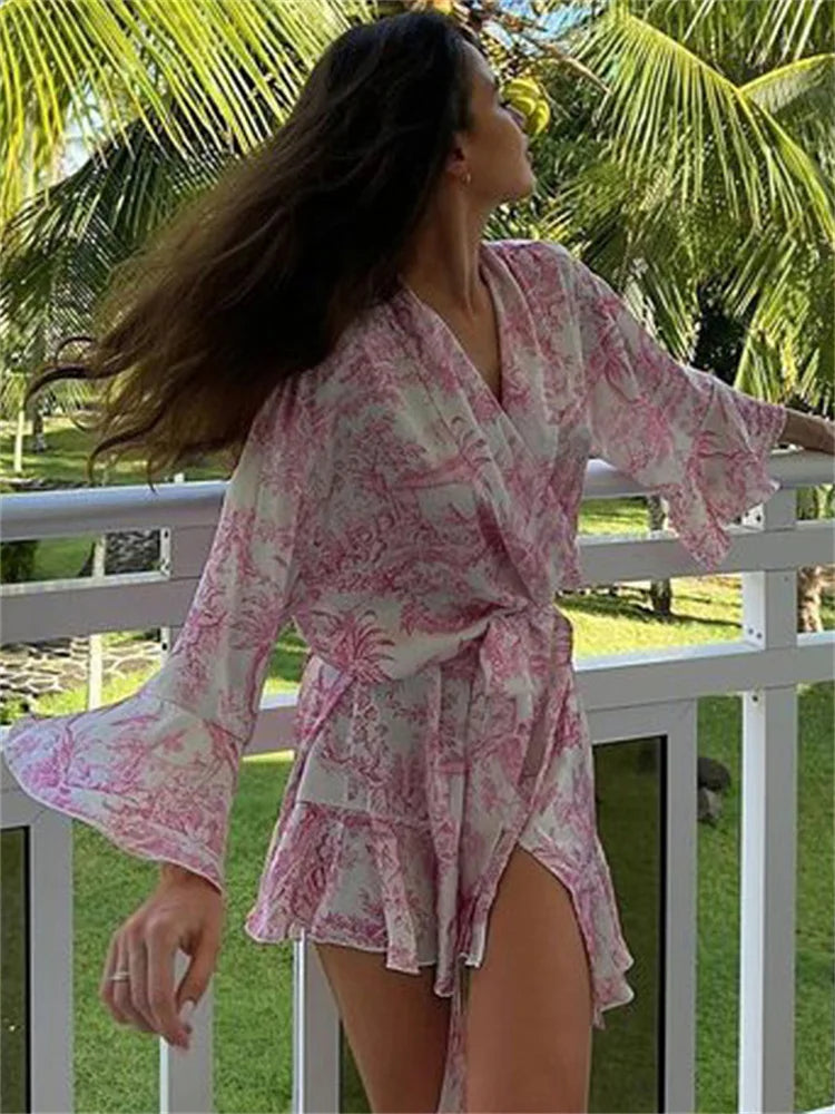 Tossy Ruffled Printed Lace-Up MIni Dress Women V-Neck Patchwork Contrast Fashion Elegant Bandage Party Dress Female Summer Dress