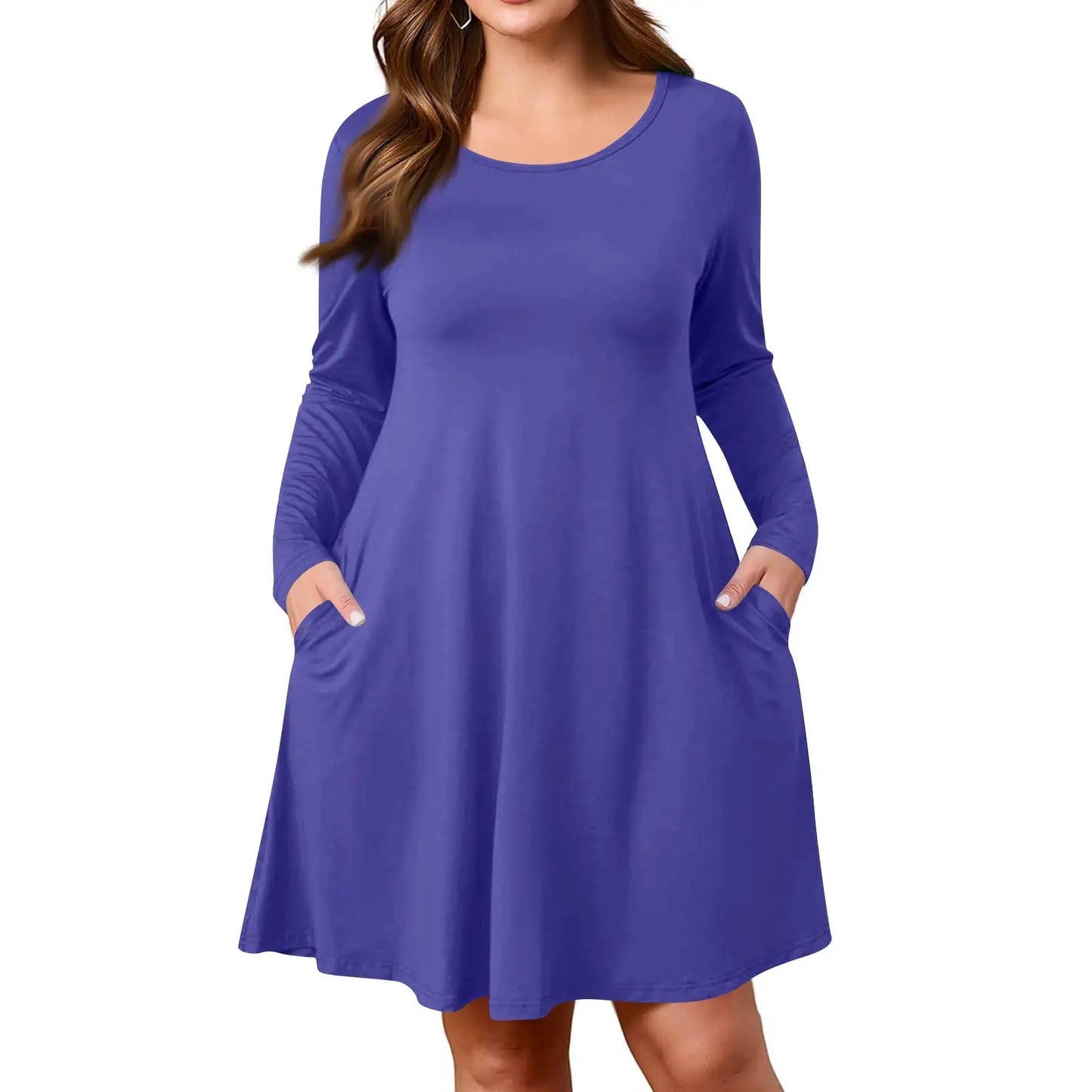Plus Size Dress for Women Solid-Colour Casual Dress Spring/Autumn Pocket Round Neck Long-Sleeved Dresses vestidos femenino