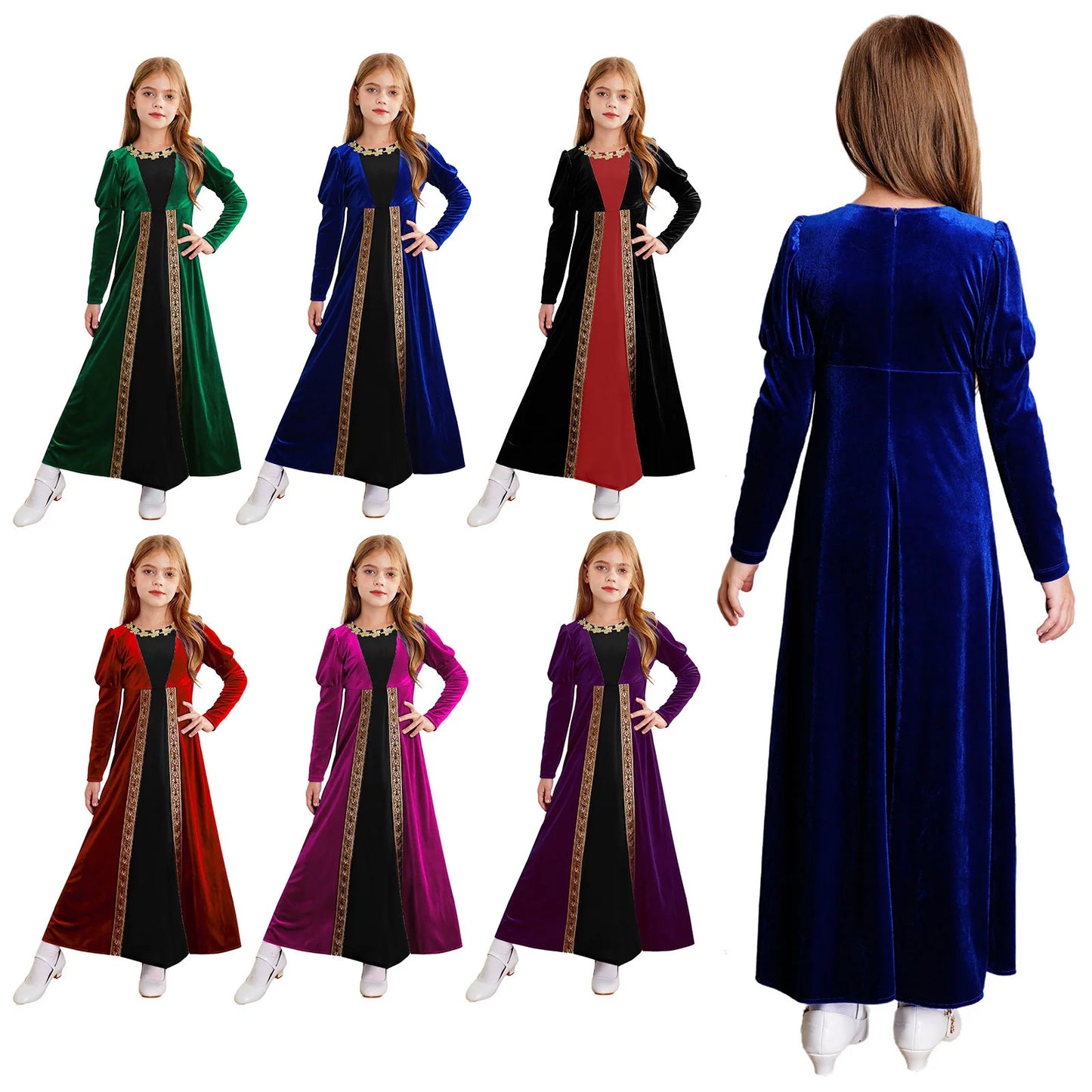 Children Girls Halloween Medieval Renaissance Vampire Cosplay Costume Ancient Roman Princess Dress Long Sleeve Retro Velvet Gown