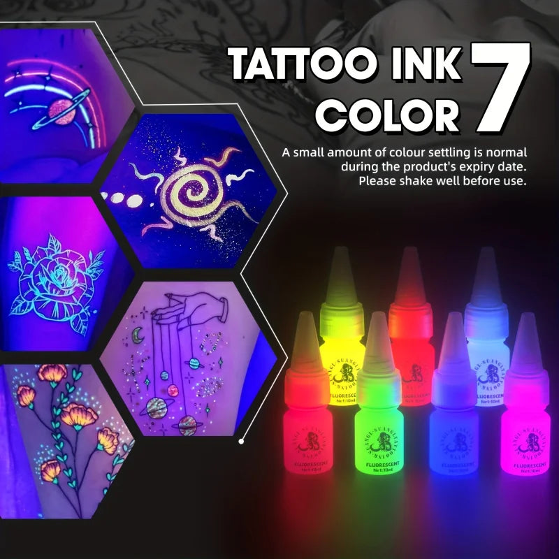 Glow Dark Tattoo Ink Set 7 Colors 10ml Fluorescent Pigmented Inks for Halloween Body Art Light Effects Vibrant Colors