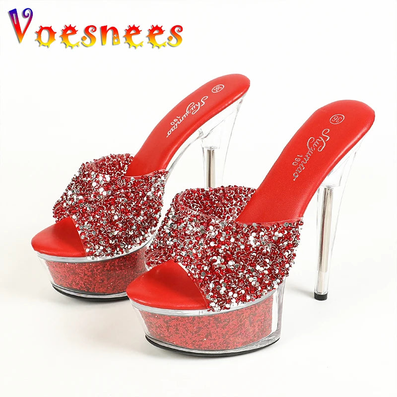 Transparent Platform Crystal Sandals 2024 Summer New Sequin Women Shoes Mules Peep Toe High Heels 15CM Thin High Heeled Slippers