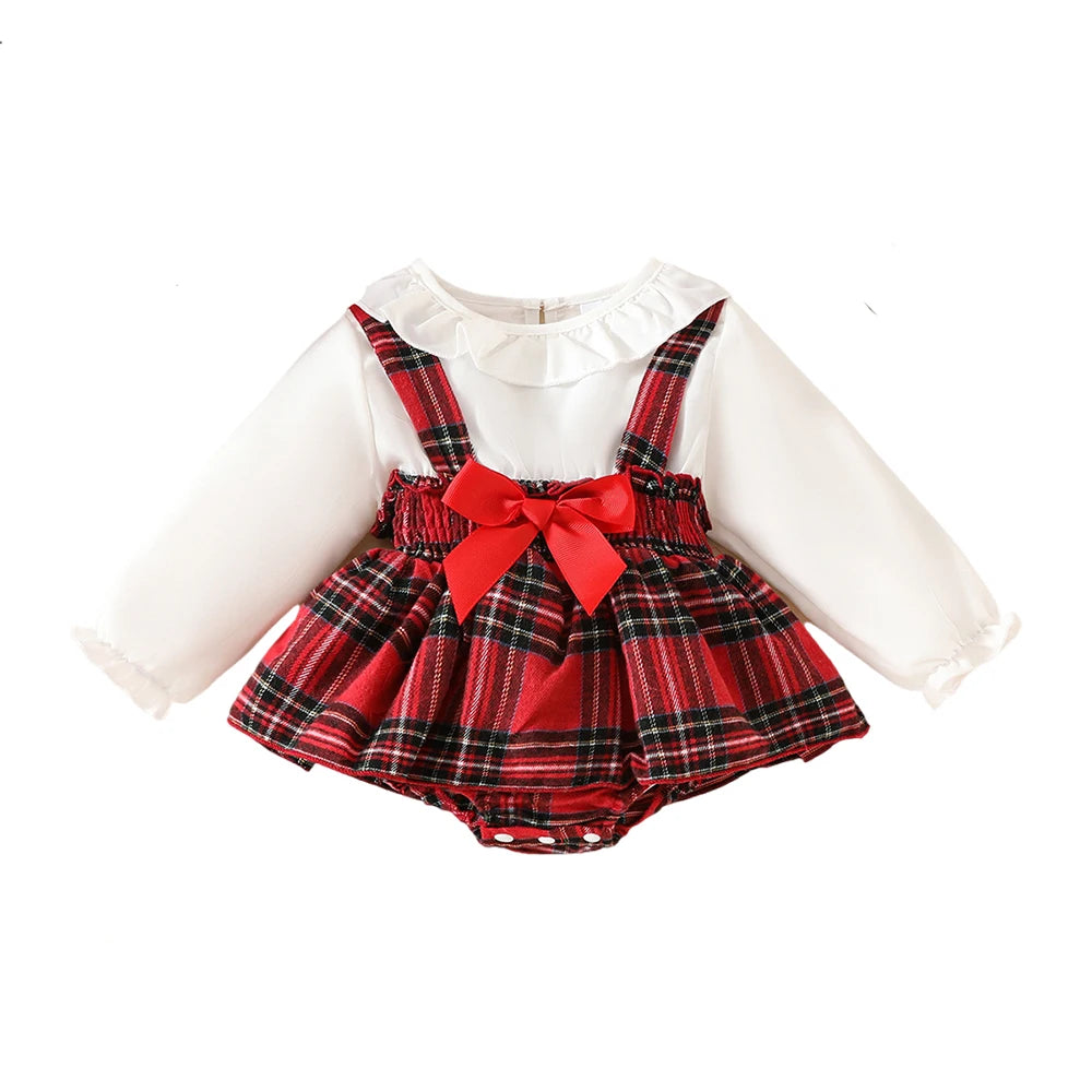 Ceeniu Baby Christmas Romper Dress Girls Lace Collar Patchwork Red Plaid Bodysuit For Newborns My First New Year Girl Clothes