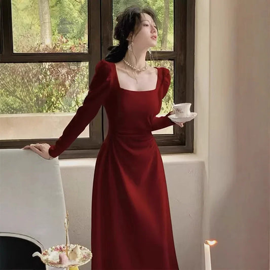 Red Long Sleeve Dress Wedding Dress Spring Autumn French Style Engagement Party Drinking Ceremony Bridal Gown Everyday Wear