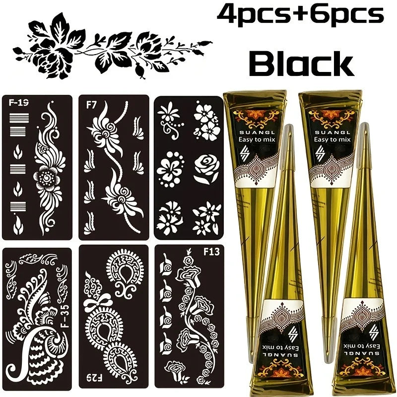 SUANGL Indian Henna Cones Brown Paste with Stencil Temporary Body Art Paint Kit for Hand Feet Drawing Red Black Henna Set