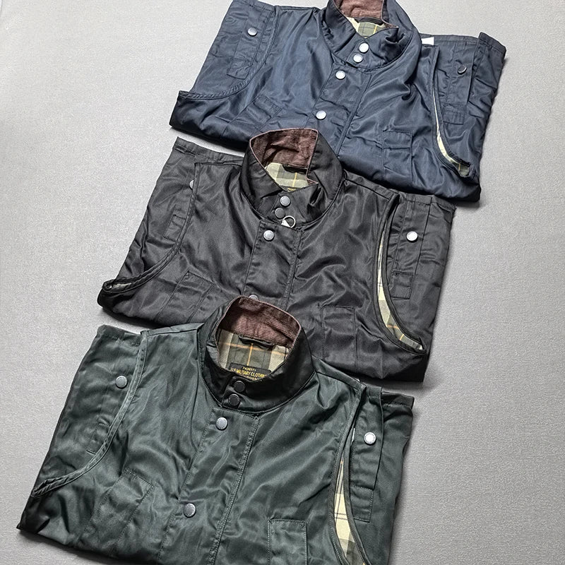 2026 Autumn Winter New American Retro Sleeveless Cargo Vest with Oil Wax Men's Multi-pockets Casual Heavyweight Waterproof Coat