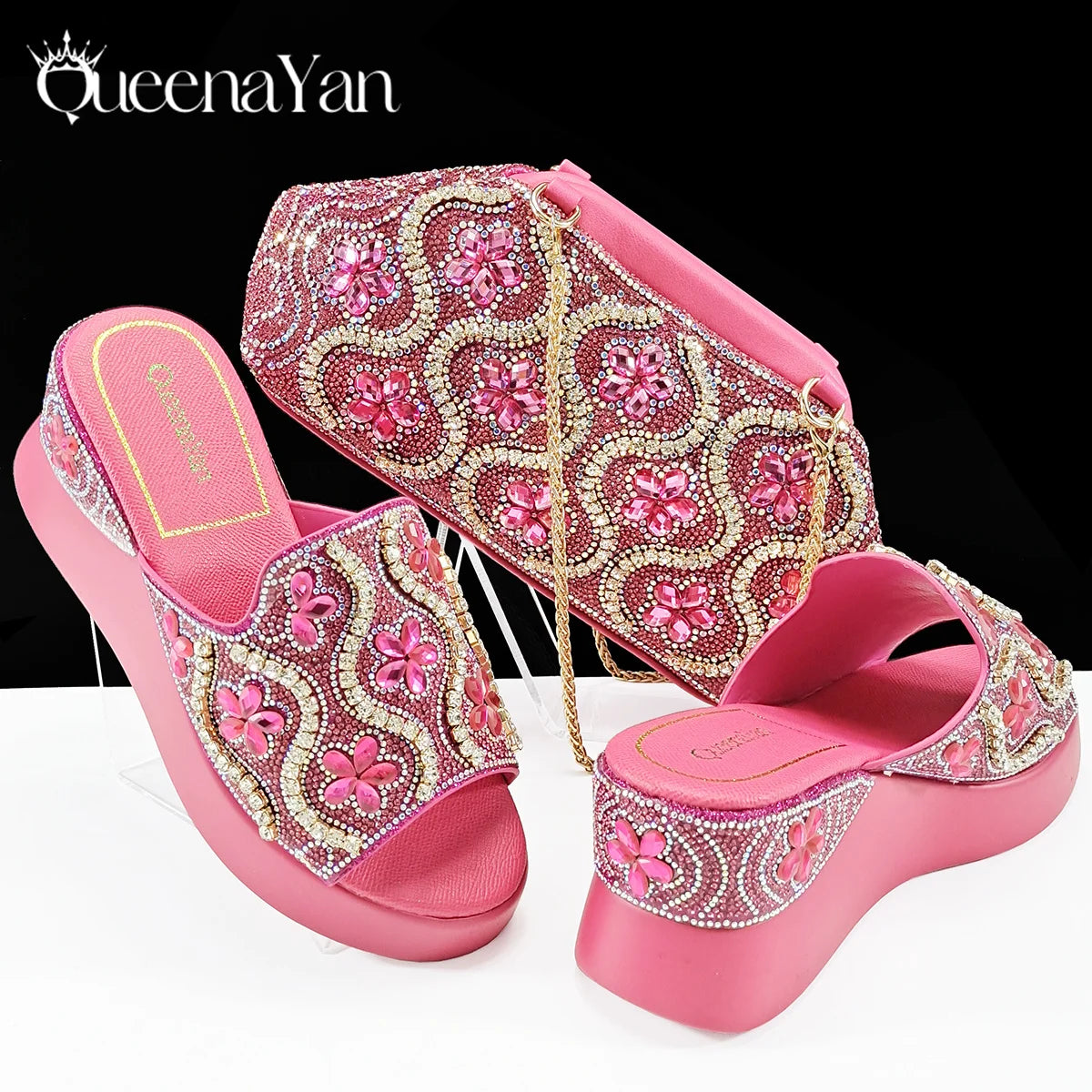 Queena Yan Popularity Open Toe Luxury Fashion Women High Heels Shoes and Bags Set With Rhinestone for  Wedding Party Elegant