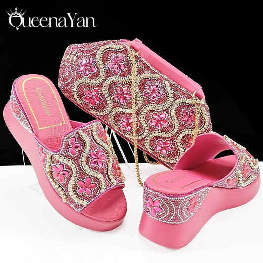 Queena Yan Popularity Open Toe Luxury Fashion Women High Heels Shoes and Bags Set With Rhinestone for  Wedding Party Elegant