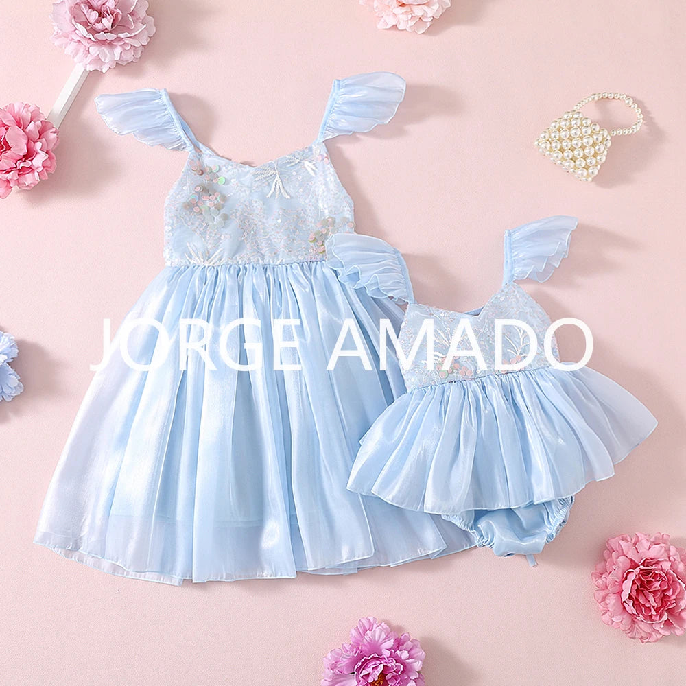 New Summer Sister Girl Matching Romper Dress Short Sling Sleeves Big Bow Bodysuit Sequined Princess Dresses Twins Clothing H1518