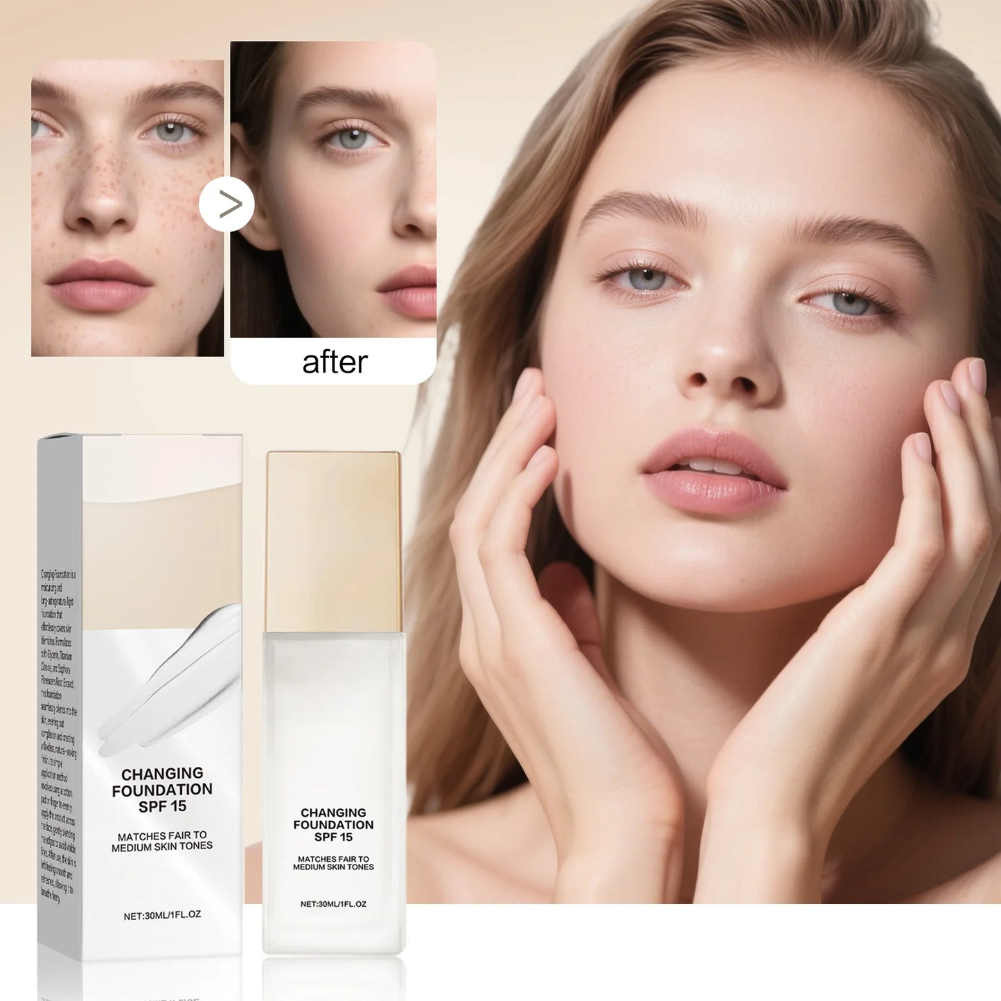 Changing Foundation SPF 15 - 50ml Lightweight Liquid Makeup for Fair to Medium Skin, Hydrating Natural Coverage with Hyaluronic