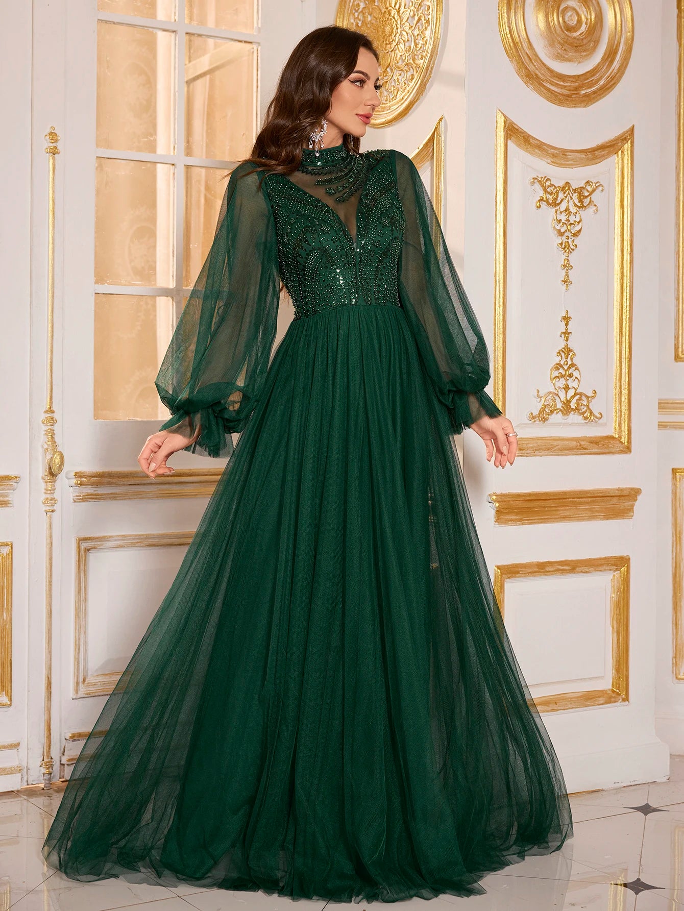UNITHORSE Women's Round-Neck Lantern Sleeve Beads Patchwork Mesh Fabric Evening Dress