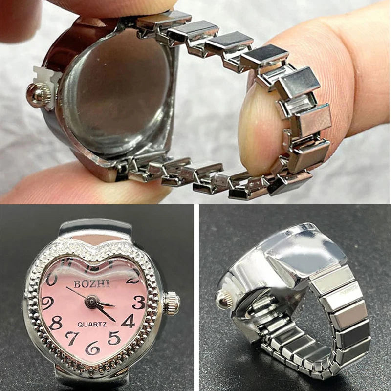 Kiss Jewelry Women Men Creative Heart Shape Clock Quartz Watch Rings Couples Elastic Strap Alloy Dial Watches Finger Ring Gift