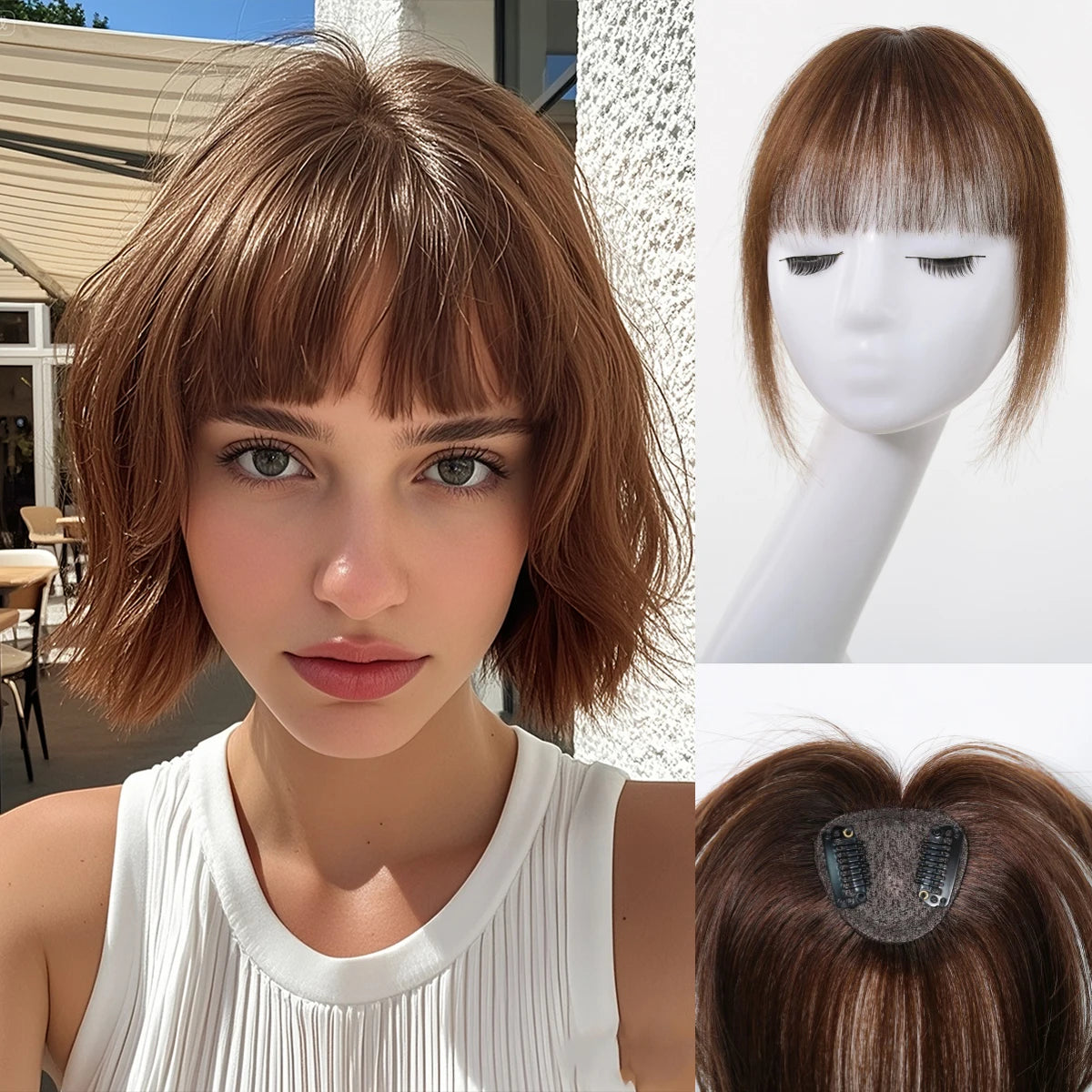 100% Human Hair Blonde Ombre Blunt Cut Wispy Bangs with Sideburns 5x5cm Clip-in Fringe Hairpiece with Top Hair Patch for Daily