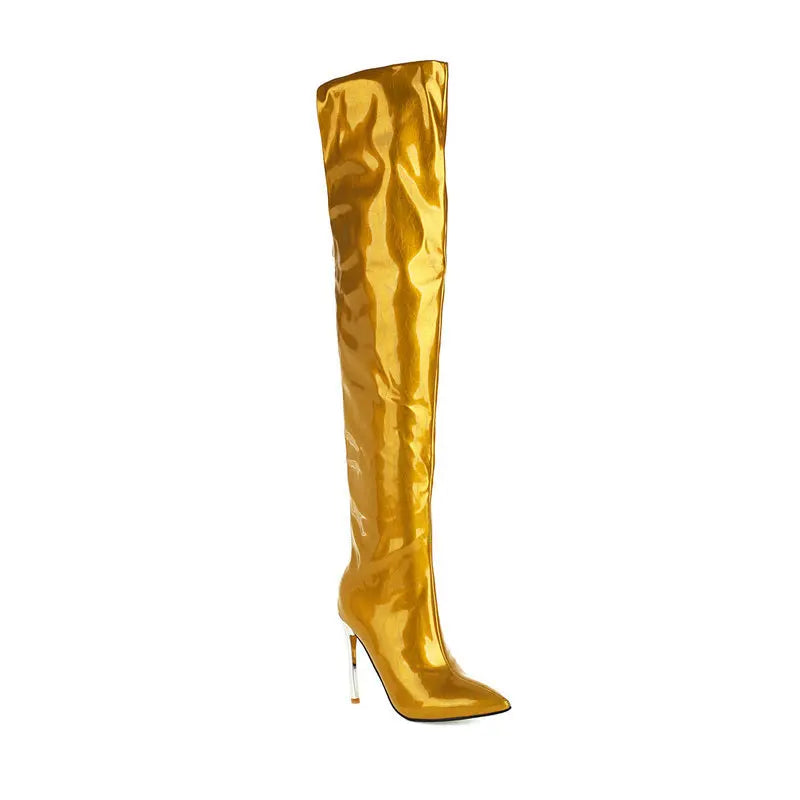 Long Boots for Women Dark Blue Pointed Toe Metal Stiletto Heel Patent Leather Over-the-Knee Female Shoes Large Size Short Plush