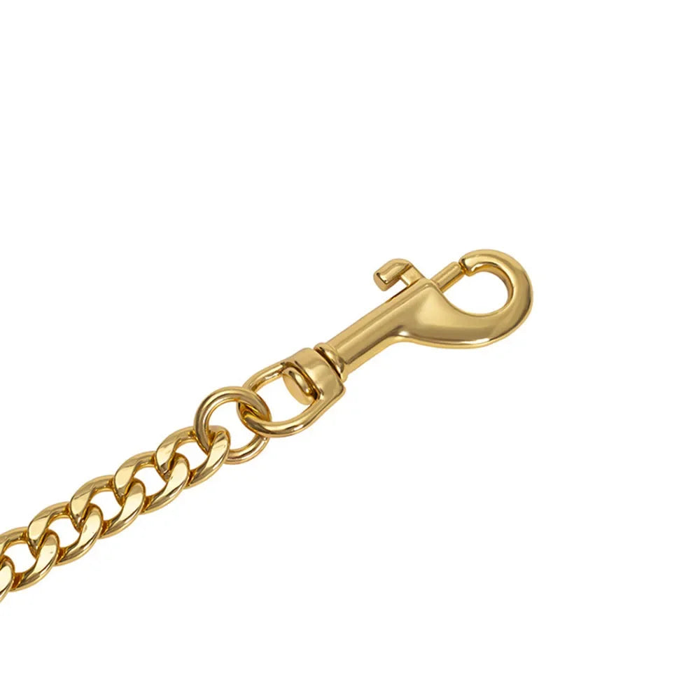 Stainless Steel Gold Chain Dog Leash Metal Chew Proof Heavy Duty Dog Leash Chain with Leather Padded Handle for Large Medium Dog