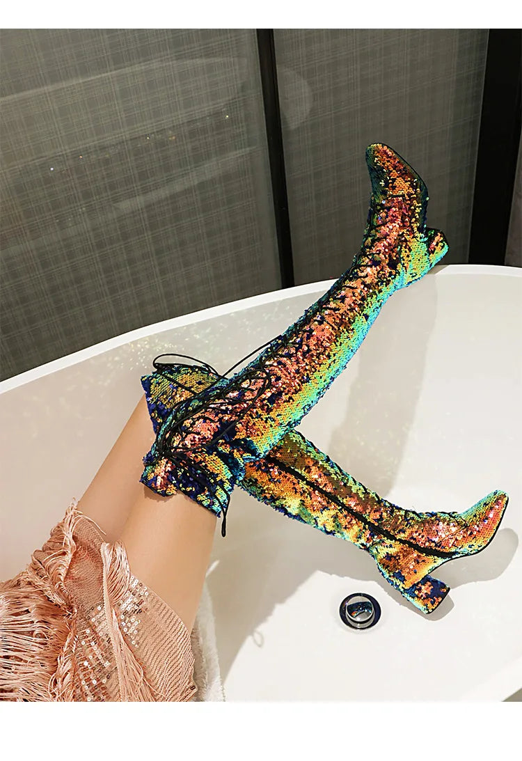 Glitter Bling Boots Women Over the knee Chunk High Heels Zipper Lace-Up Runway Lady Shoes Large Size Thigh High Boots Size 46