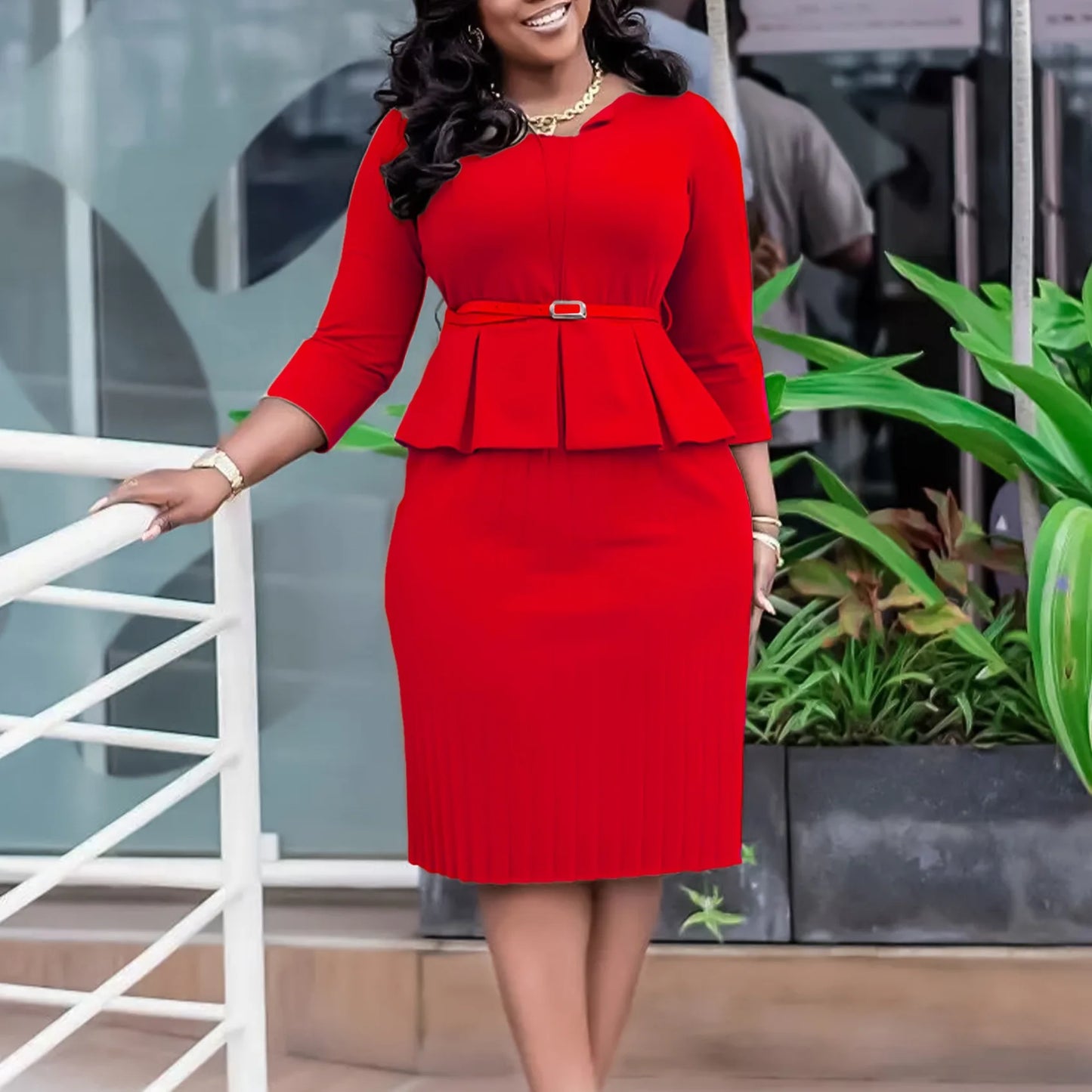 Elegant Office Dress for Women Professional 2024 New V Neck Three Quarter Sleeve Belt Waisted Mid Calf Formal Business Work Robe
