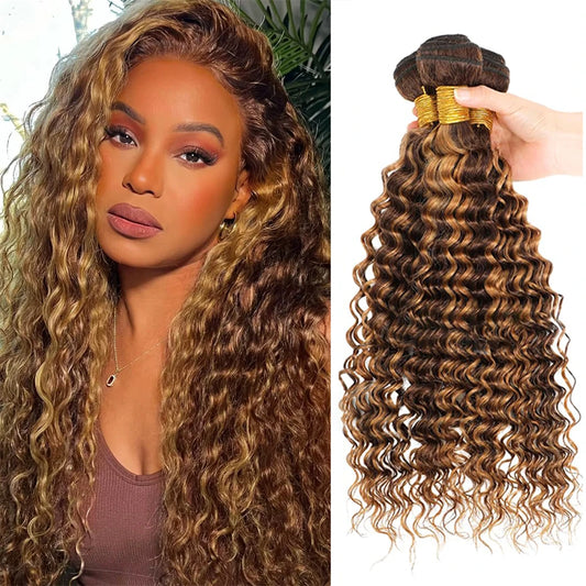 4/27 Deep Wave Highlight Burmese Curly Hair Bundles Honey Blonde Brown Curly Hair Weave 1/3/4 Bundles Deal Virgin Hair Extension