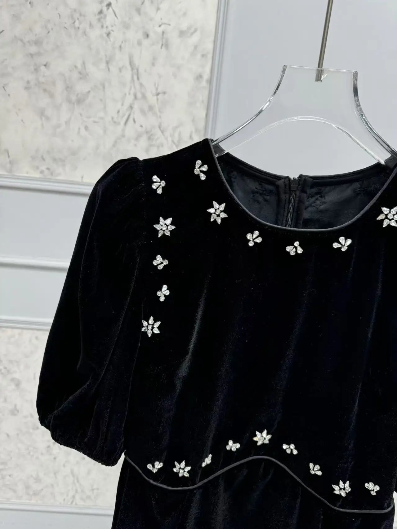 Handmade Nail Beaded Women Velvet Midi Dress Puff Sleeve Slim Waist Female Elegant Evening Dresss Spring Summer