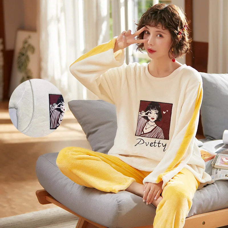 Autumn Long Sleeve flannel Maternity Clothing winter Thin coral fleece Pajamas Set Pregnant Women Breastfeeding Nursing Pyjama