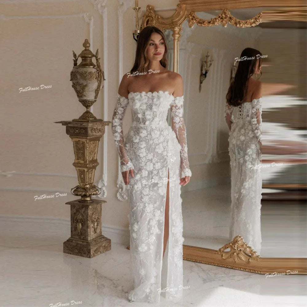 Customized Graceful 3/4 Sleeve Boat Collar 3D Floral Lace Wedding Dress Long Side Slit Lace up Back Bridal Dress for Party
