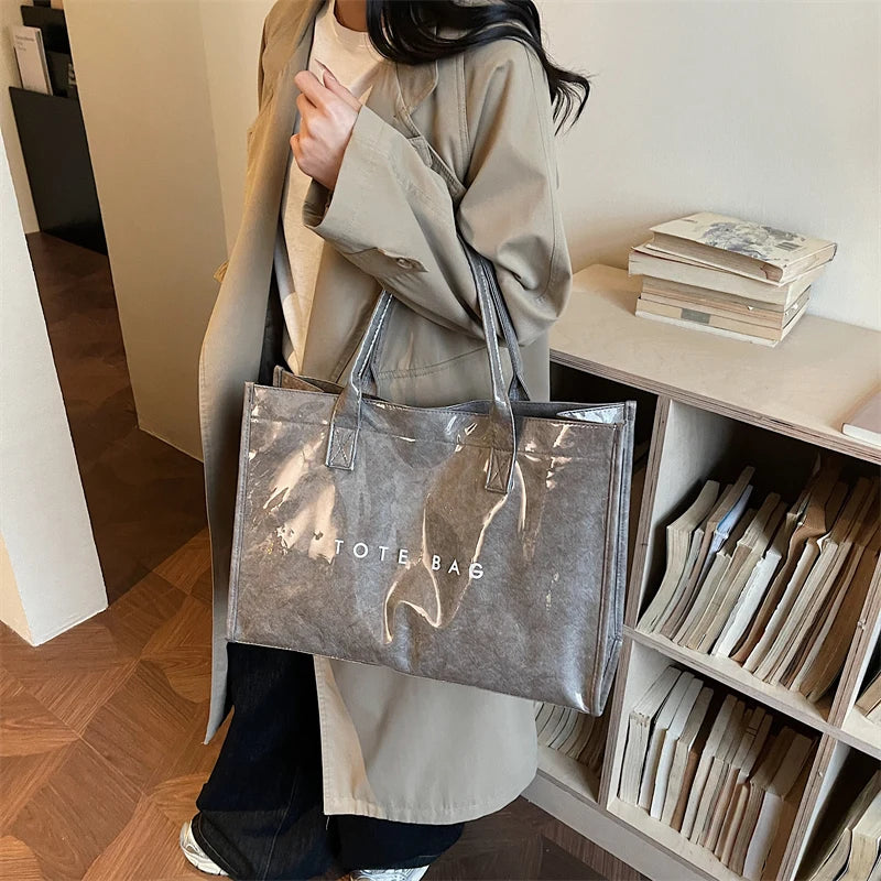 Women's Glossy Leather Tote Bag Letter Print Large Capacity Casual Commuter Shoulder Bag Fashion Daily Shopping Handbag 2026