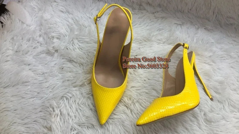 Yellow Snakeskin Slingback Pumps Pointy Toe Shallow Stiletto Heels Dress Shoes Cut-out Heels Women Shoes 12Cm 10Cm 8Cm