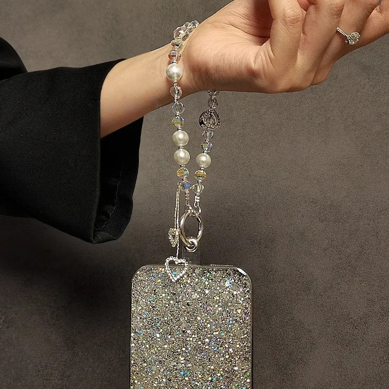 Fashionable Light Luxury Beaded Crystal Mobile Phone Chain Pendant Rhinestone Love Pendant Pearl Mobile Phone Lanyard Wrist Hand