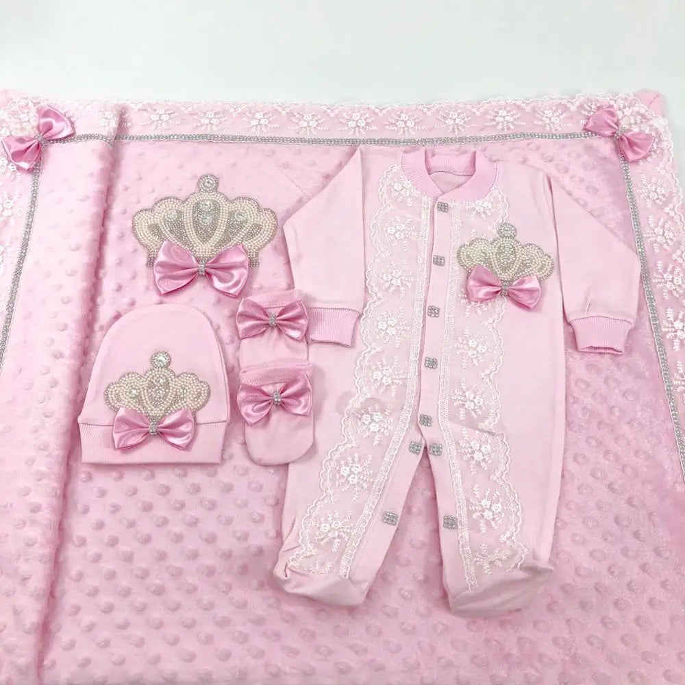 5pcs Newborn Baby Embroidery Lace Romper Outfit Clothing Cotton Infant Wrapped Baby Products Pants Mittens Receiving Blanket