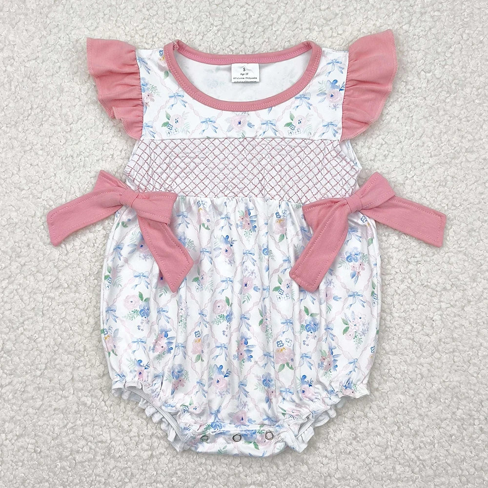 Hot Sale Baby Girls Rompers Blue Flutter Sleeves Bows Ruffle Rompers Boutique Toddler Girls Bubbles Summer Rompers Girls Onesie