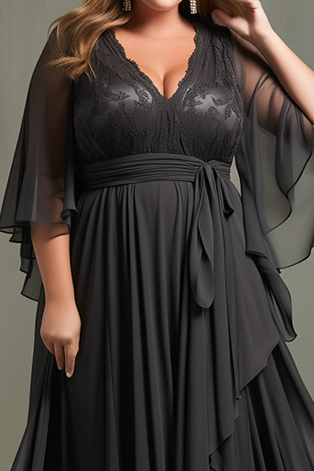 Flycurvy Plus Size Wedding Guest Black Chiffon Lace Flutter Sleeve Asymmetrical Hem Maxi Dress