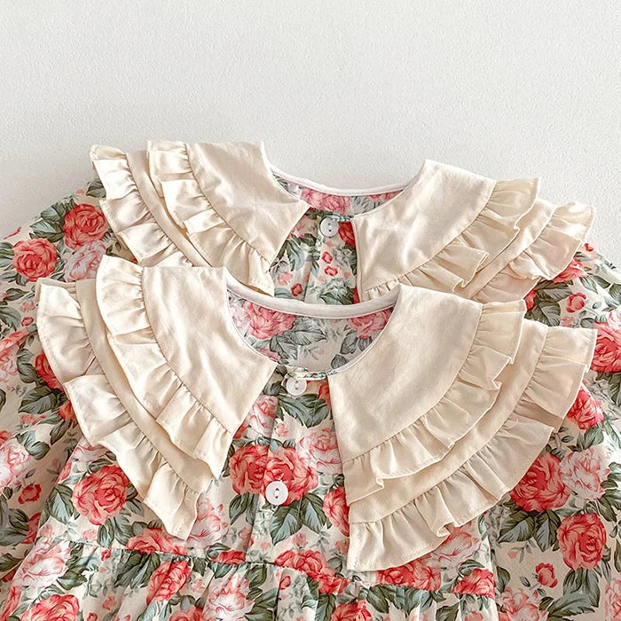 2025 New Spring Baby Sisters Dress 1-5Yrs Girl Party Dress Long Sleeved Cotton Rose Print Romper Sisters Kids Princess Dresses