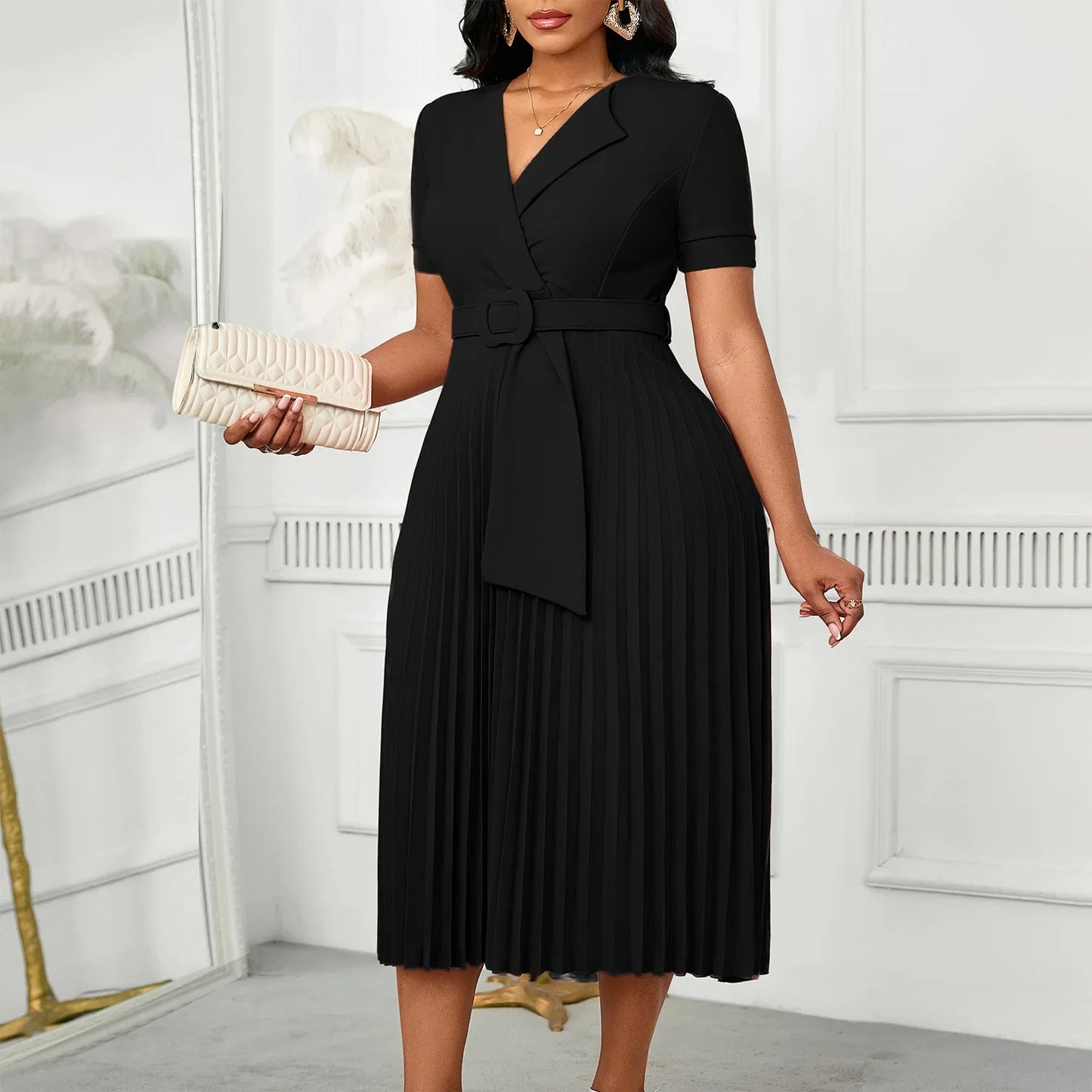 Sexy Short Sleeve V-Neck Elegant African Pleated Dress High Waist Midi Dress Fashionable Atmosphere Casual Elegant Style