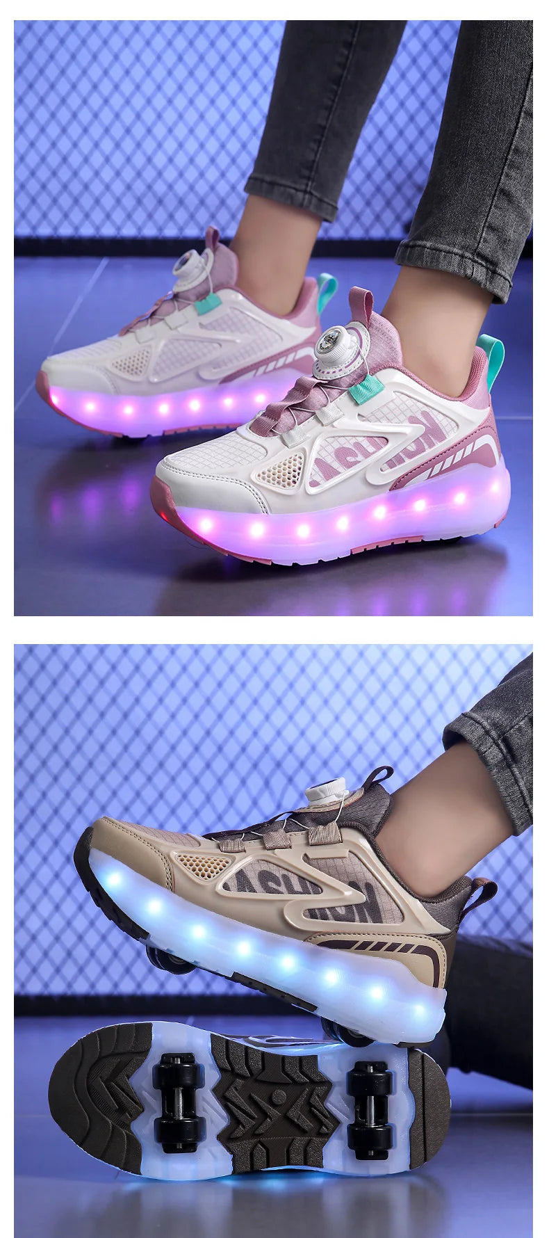 Children's Roller Skate Shoes 4-Wheels Removable Wheeled Rolling Shoes for Kids with LED Light Inline Skate Sneaker